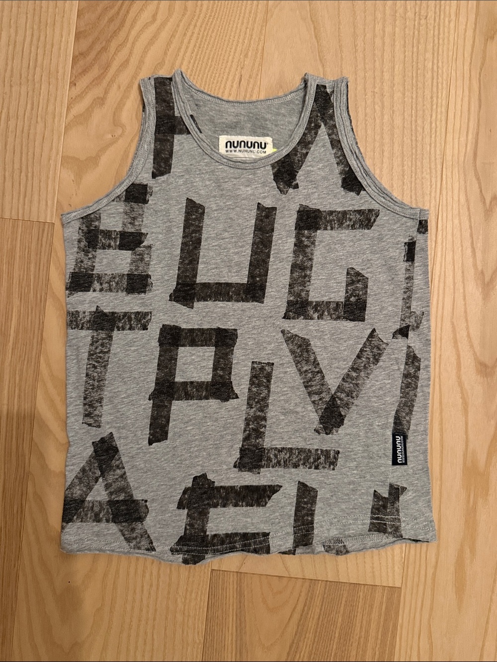 nununu alphabet tank top. black and grey. 100% cotton. size 6-7. like